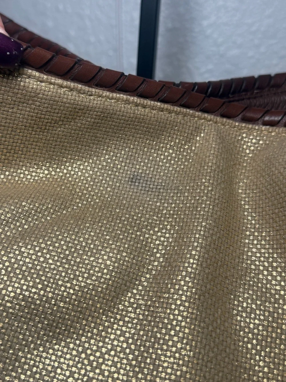 Michael Michael Kors Gold Metallic Canvas Hobo Bag Brown Whipstitch Leather Trim